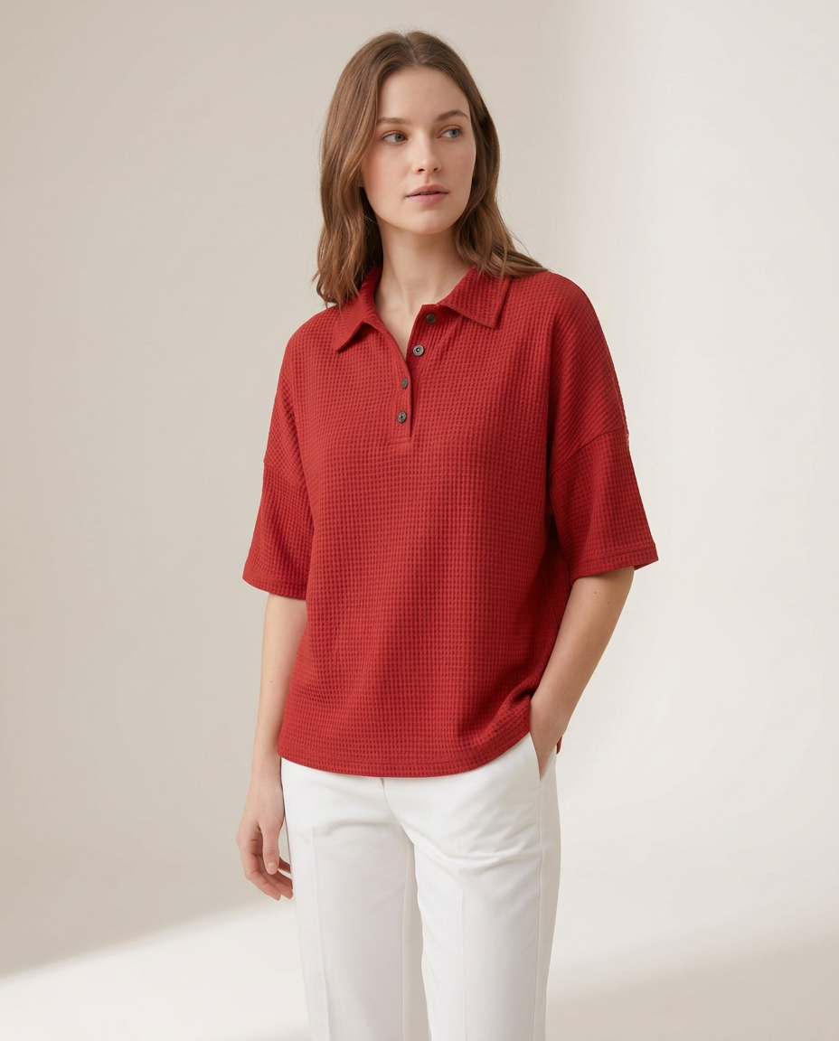 Waffle Knit Polo Top with Button Placket - three-quarter view