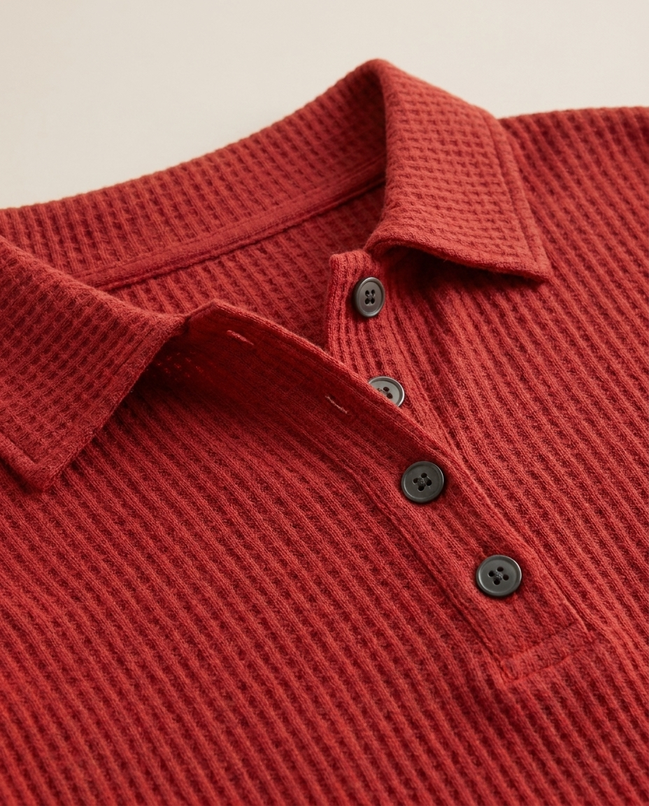 Waffle Knit Polo Top with Button Placket - close-up of the fabric and detail