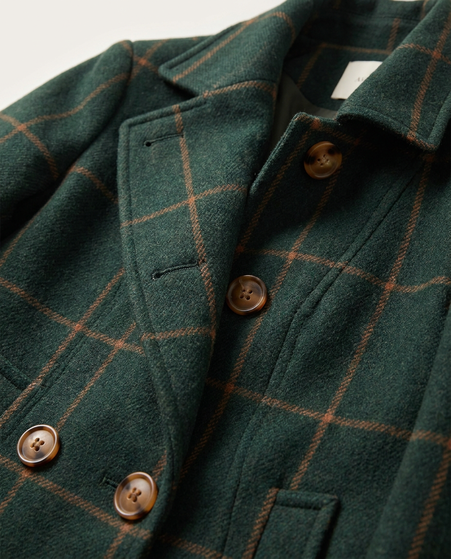 Windowpane Check Coat with Wide Collar - close-up of the fabric and detail