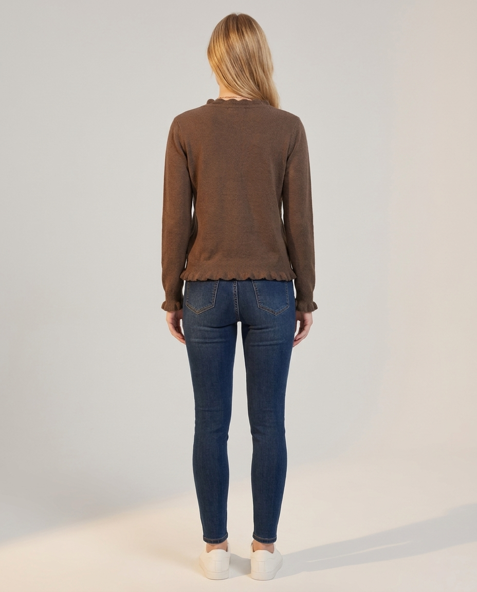 Fine Knit Cardigan with Frill Trim and V-Neck - back view