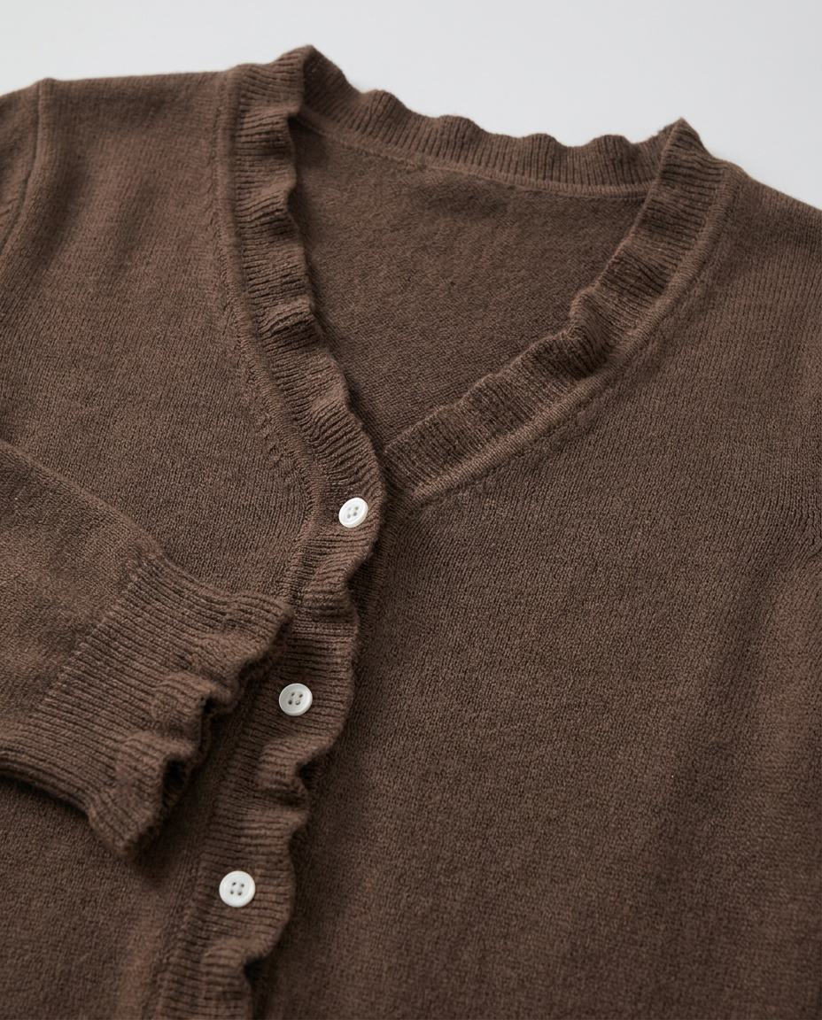 Fine Knit Cardigan with Frill Trim and V-Neck - close-up of the fabric and detail