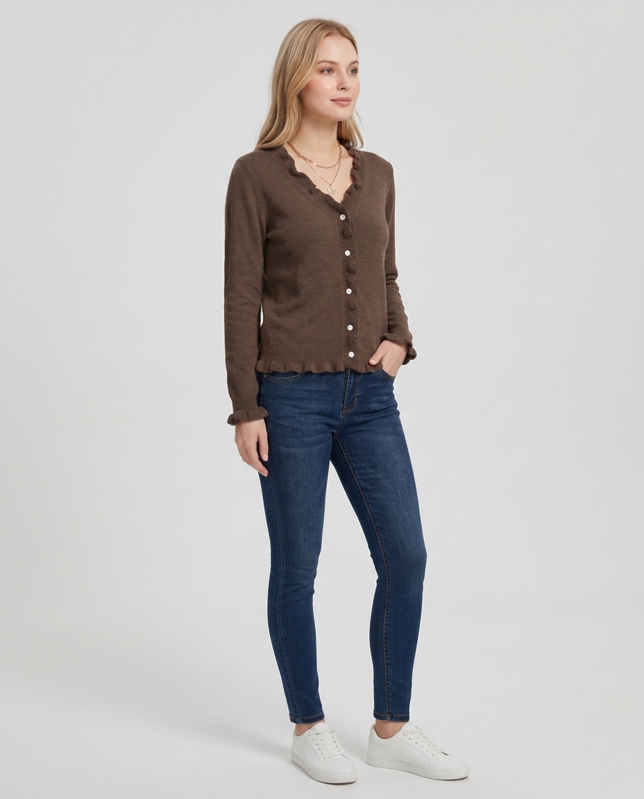 Fine Knit Cardigan with Frill Trim and V-Neck - three-quarter view
