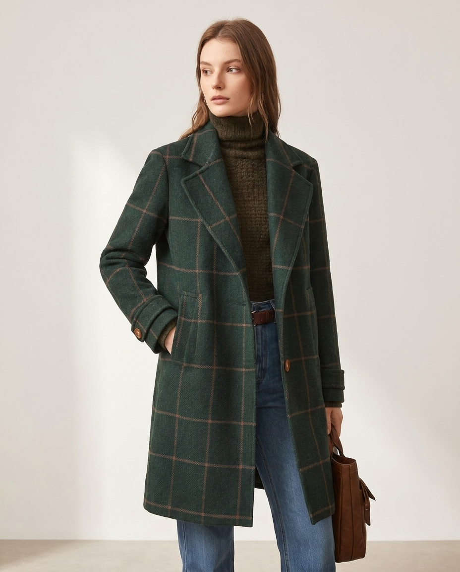 Windowpane Check Coat with Wide Collar - three-quarter view