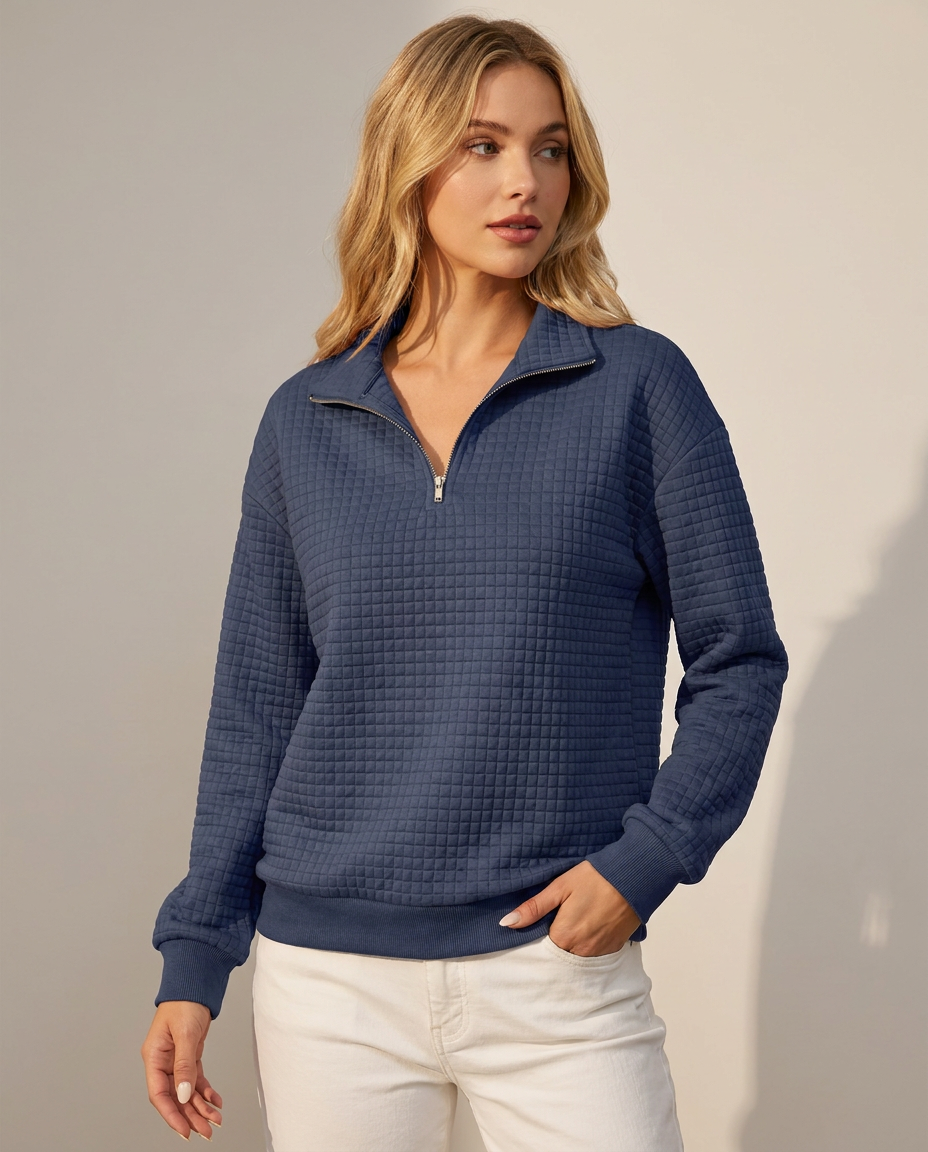 Quilted Texture Half-Zip Sweatshirt with Collar - three-quarter view