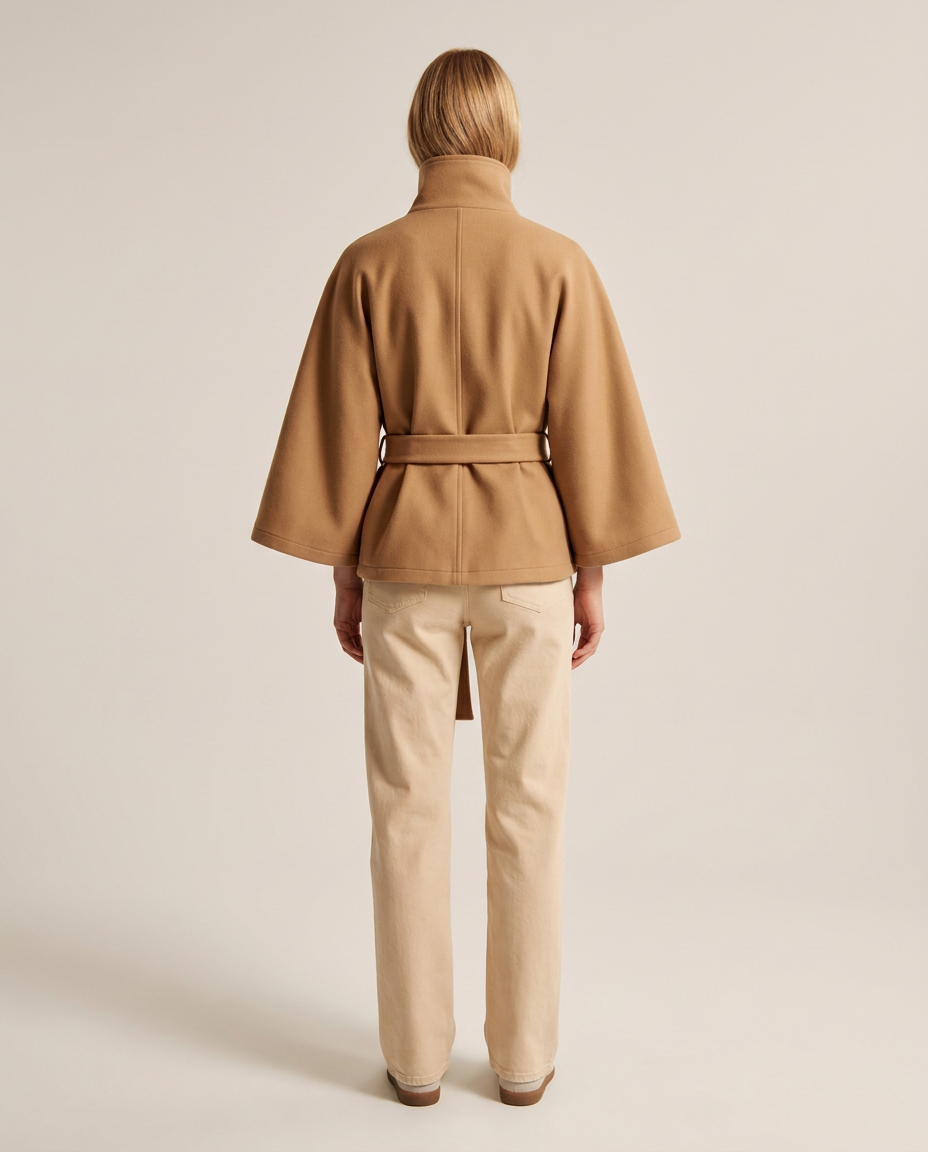 Belted Cape Coat with Stand Collar - back view