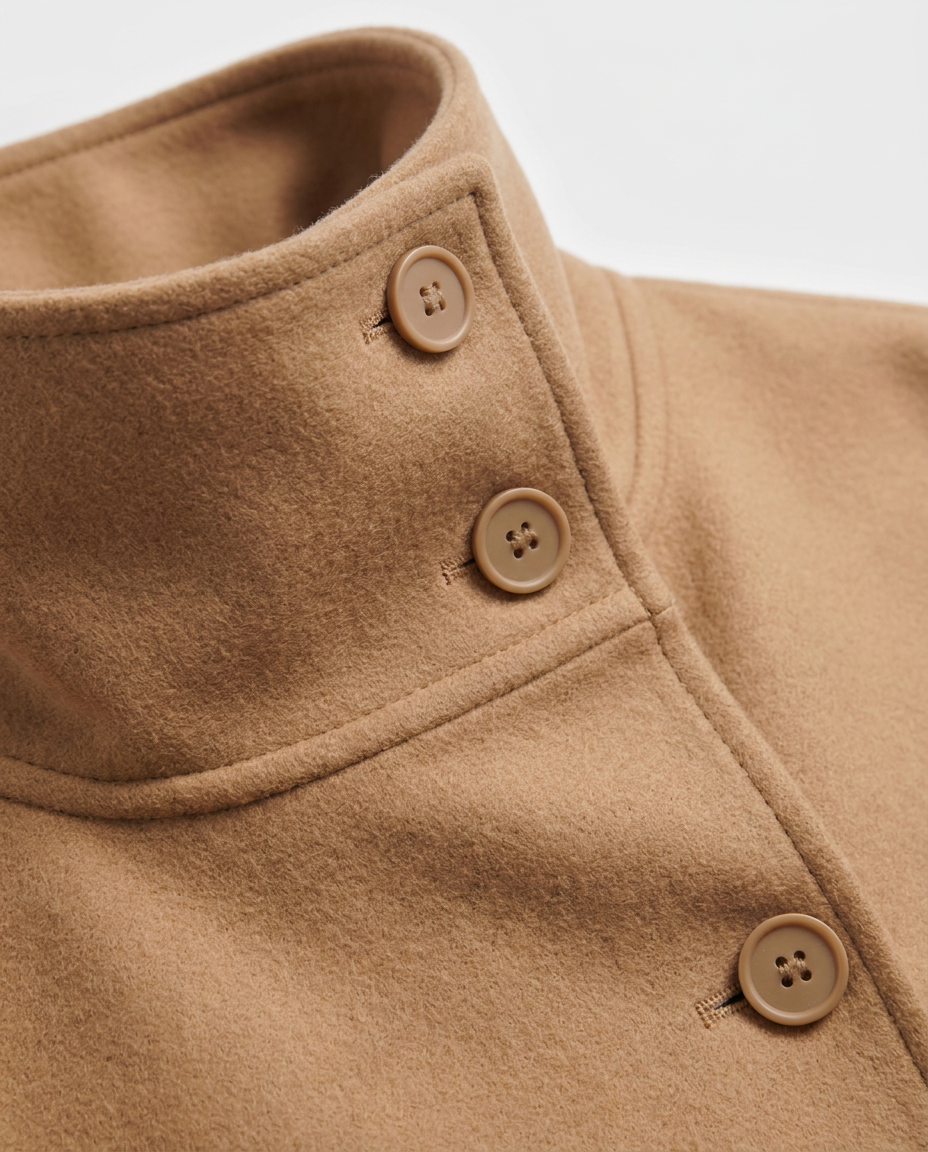 Belted Cape Coat with Stand Collar - close-up of the fabric and detail
