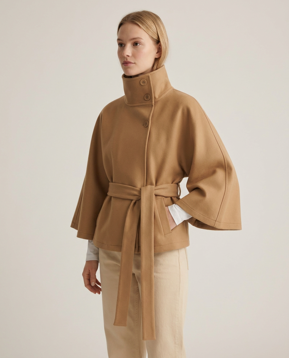 Belted Cape Coat with Stand Collar - three-quarter view