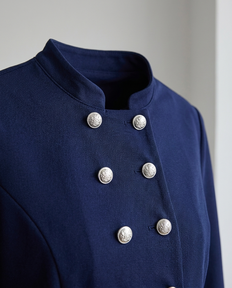 Double-Breasted Blazer with Silver Buttons and Open Front - close-up of the fabric and detail