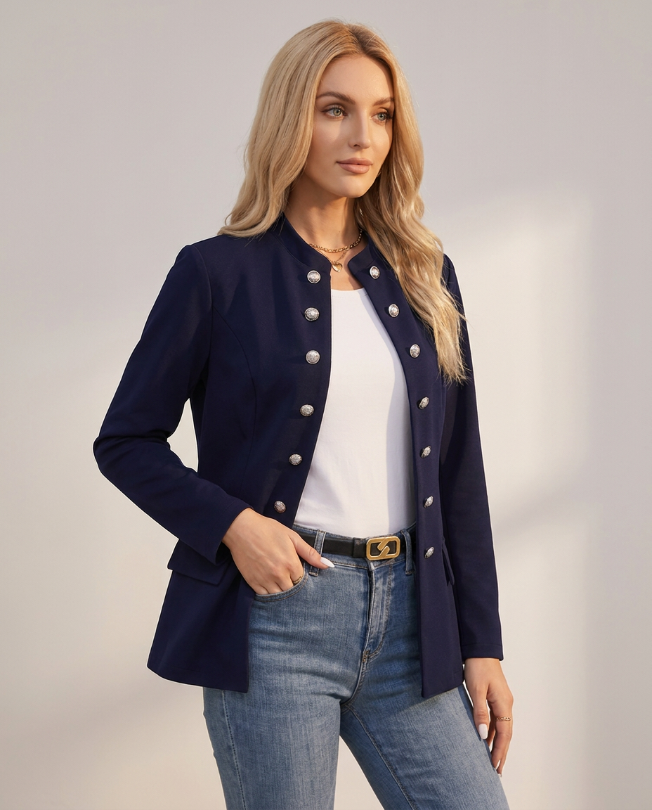 Double-Breasted Blazer with Silver Buttons and Open Front - three-quarter view