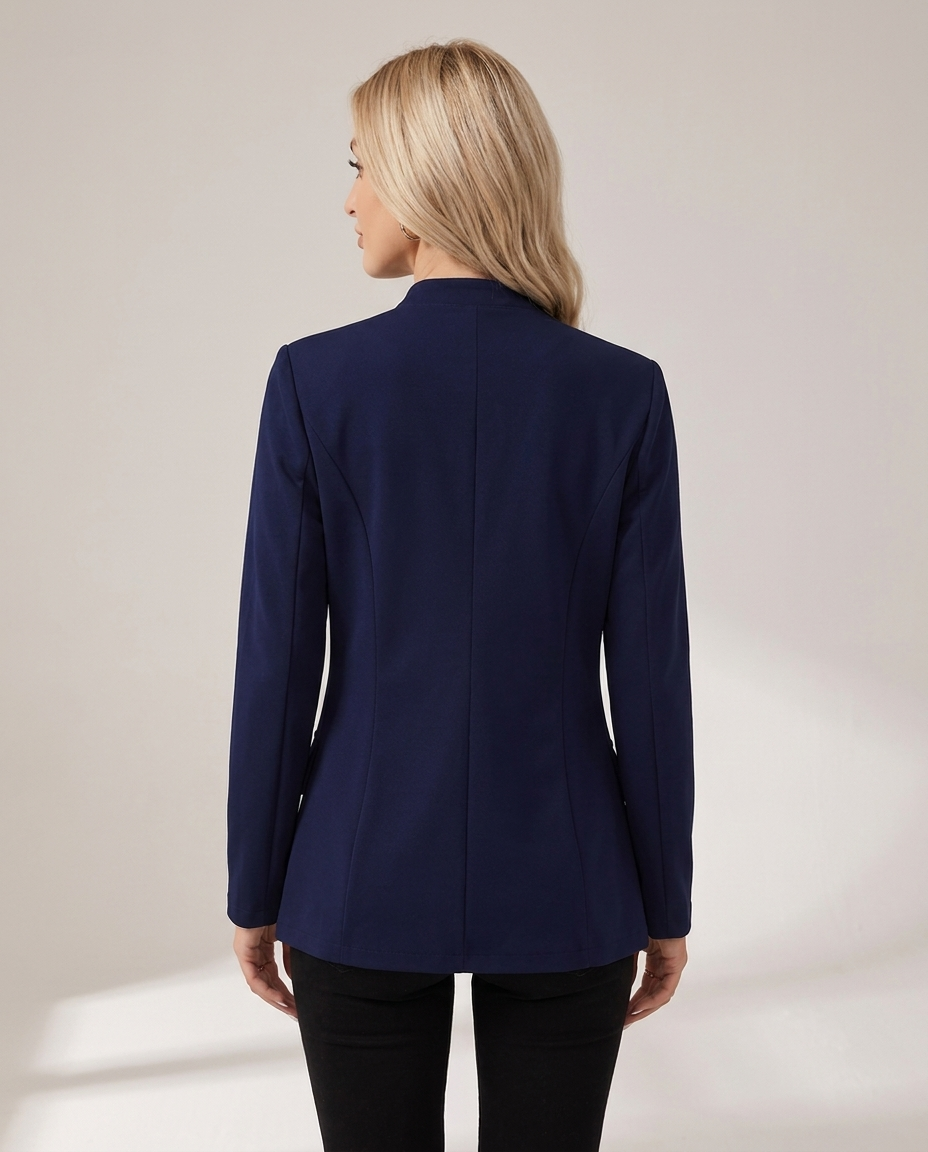 Double-Breasted Blazer with Silver Buttons and Open Front - back view