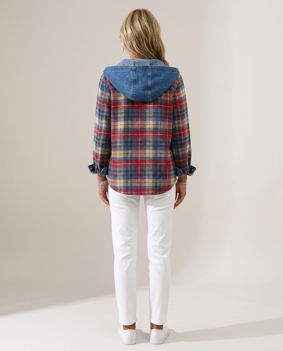 Hooded Plaid Shacket with Denim Trim - back view
