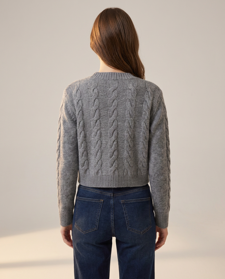 Cropped Cable Knit Cardigan with Horn-Effect Buttons - back view
