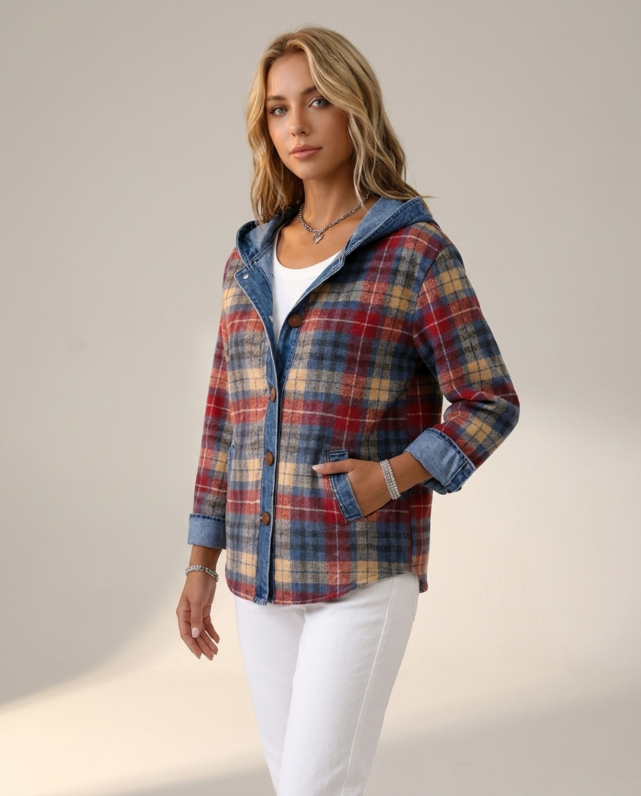 Hooded Plaid Shacket with Denim Trim - three-quarter view