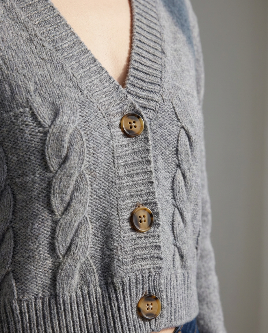 Cropped Cable Knit Cardigan with Horn-Effect Buttons - close-up of the fabric and detail