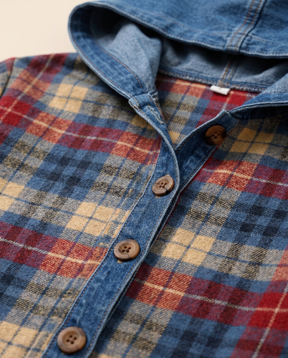 Hooded Plaid Shacket with Denim Trim - close-up of the fabric and detail