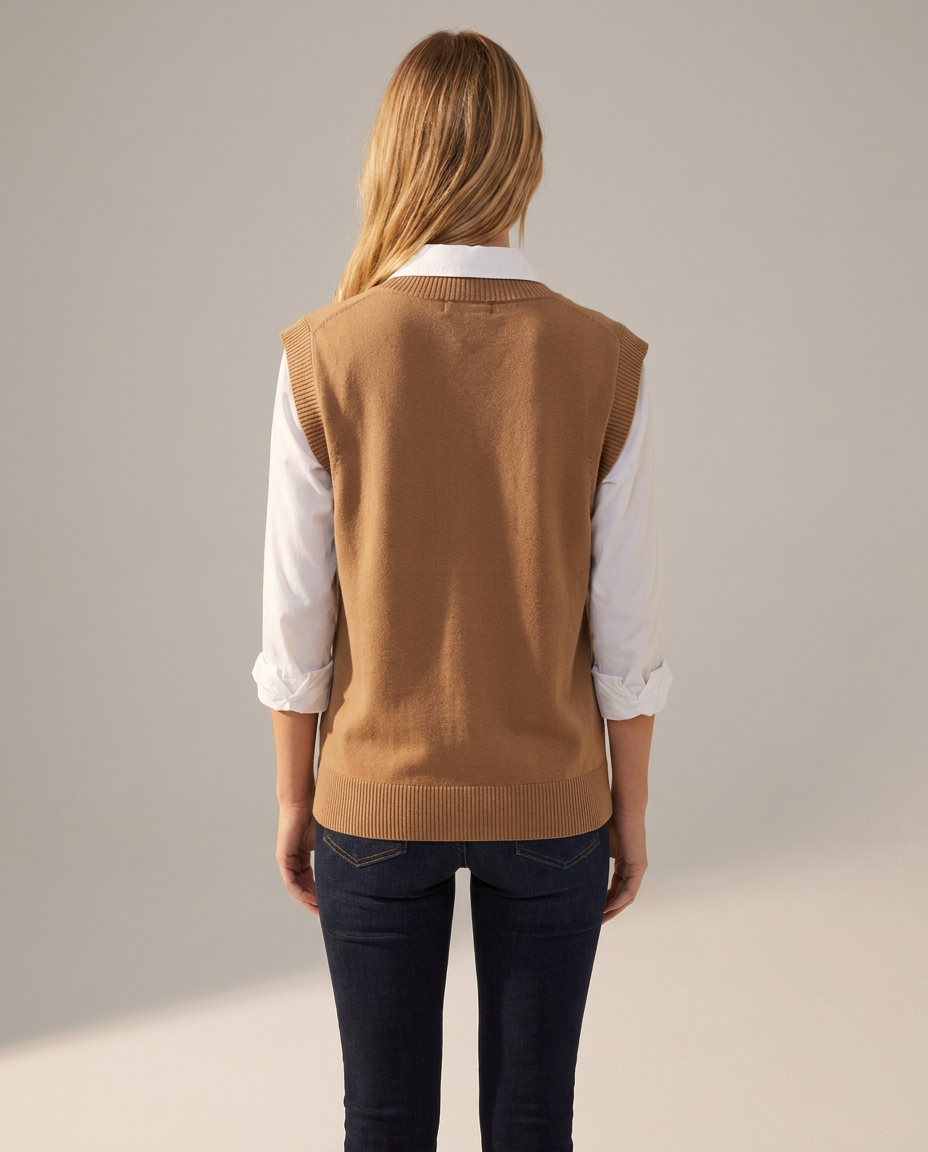 Relaxed Knit Sweater Vest with Deep V-Neck - back view