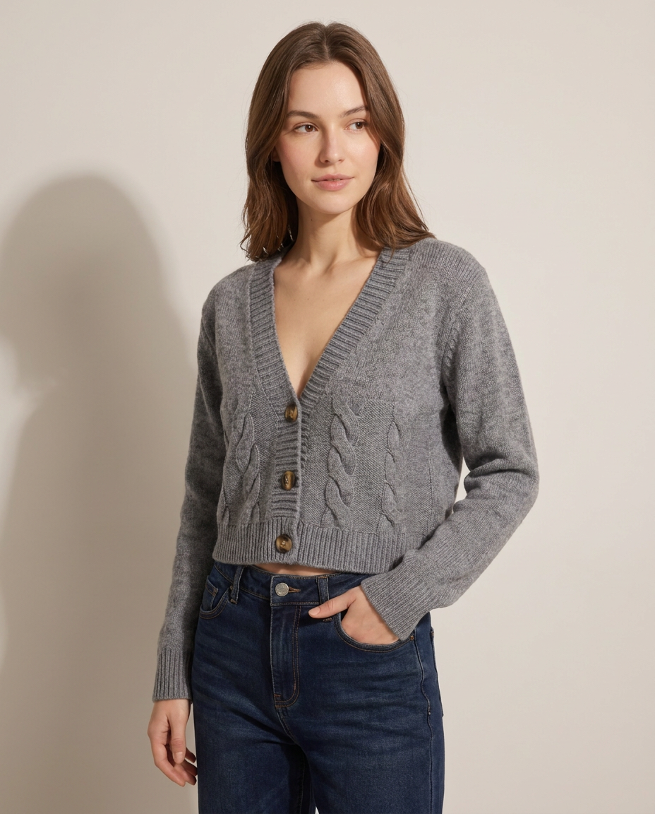Cropped Cable Knit Cardigan with Horn-Effect Buttons - three-quarter view