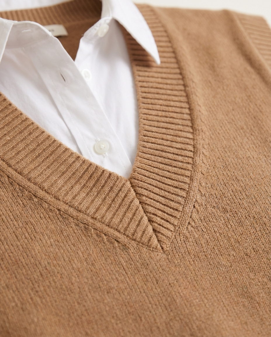 Relaxed Knit Sweater Vest with Deep V-Neck - close-up of the fabric and detail