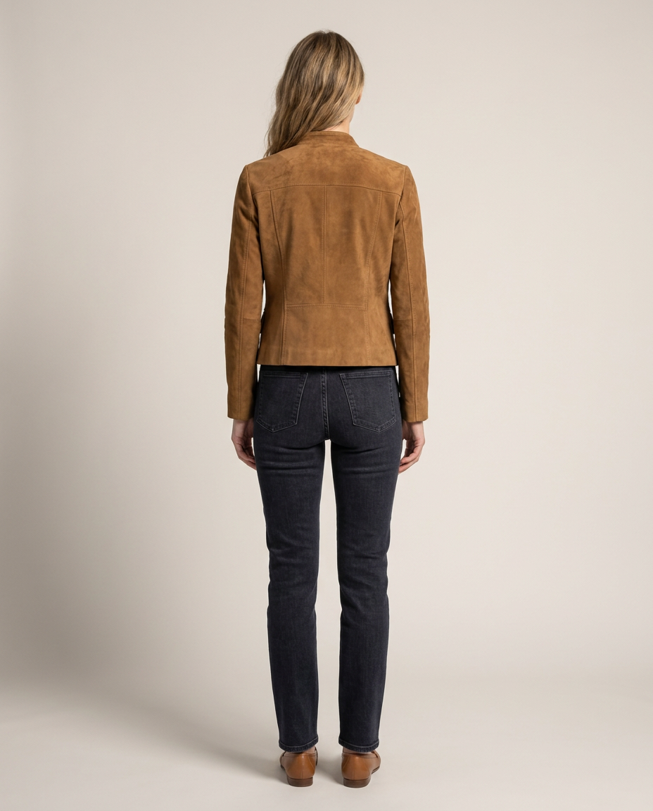 Suede-Look Jacket with Gold Buttons and Collarless Neckline - back view
