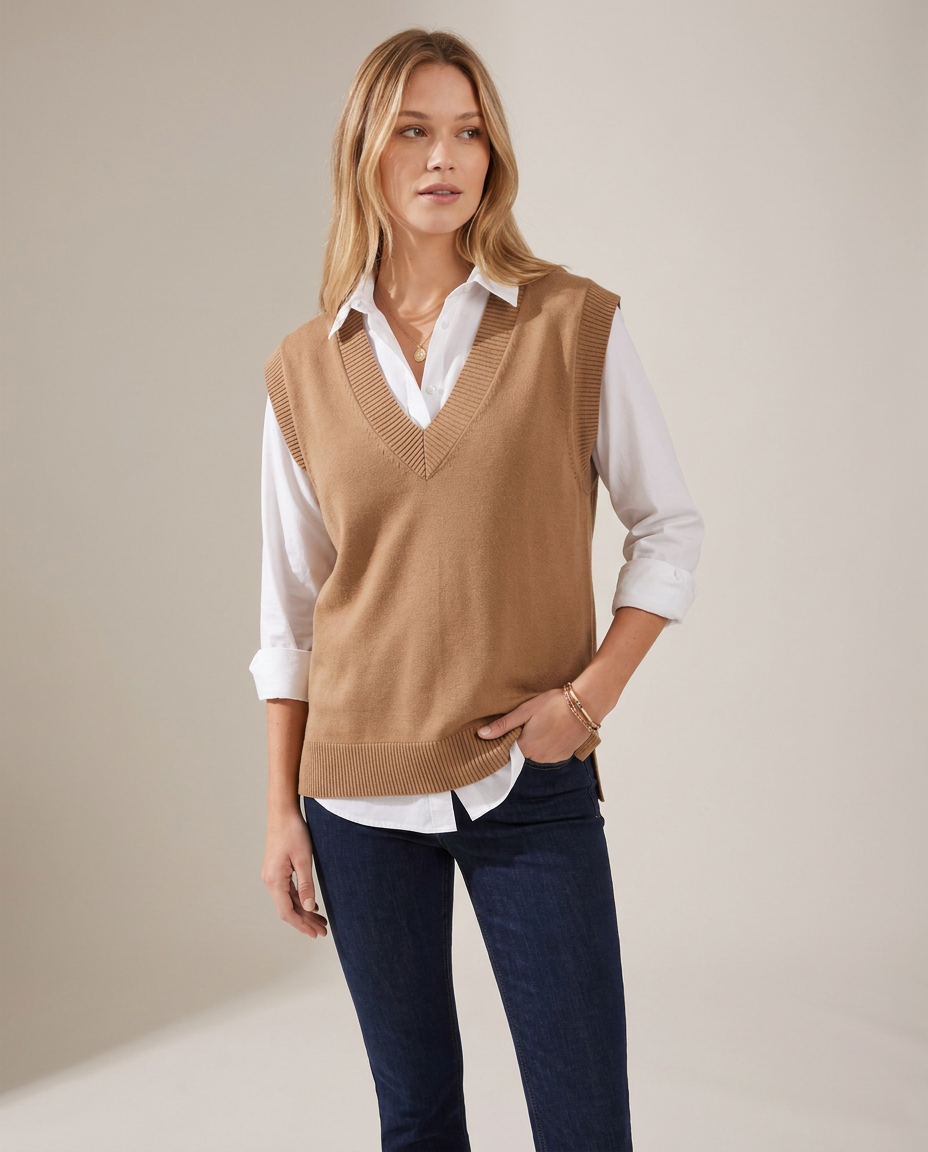Relaxed Knit Sweater Vest with Deep V-Neck - three-quarter view