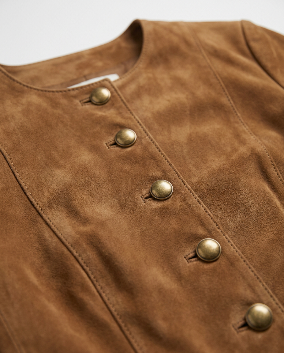 Suede-Look Jacket with Gold Buttons and Collarless Neckline - close-up of the fabric and detail