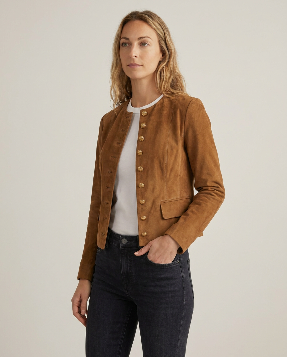 Suede-Look Jacket with Gold Buttons and Collarless Neckline - three-quarter view