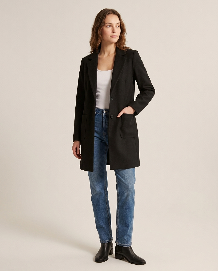 Long Blazer with Wide Lapel and Front Pockets - three-quarter view