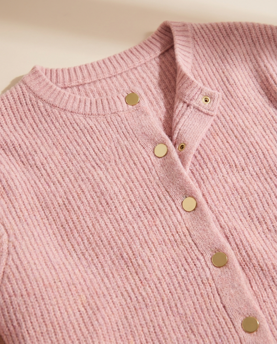 Relaxed Knit Cardigan with Gold Snap Buttons - close-up of the fabric and detail