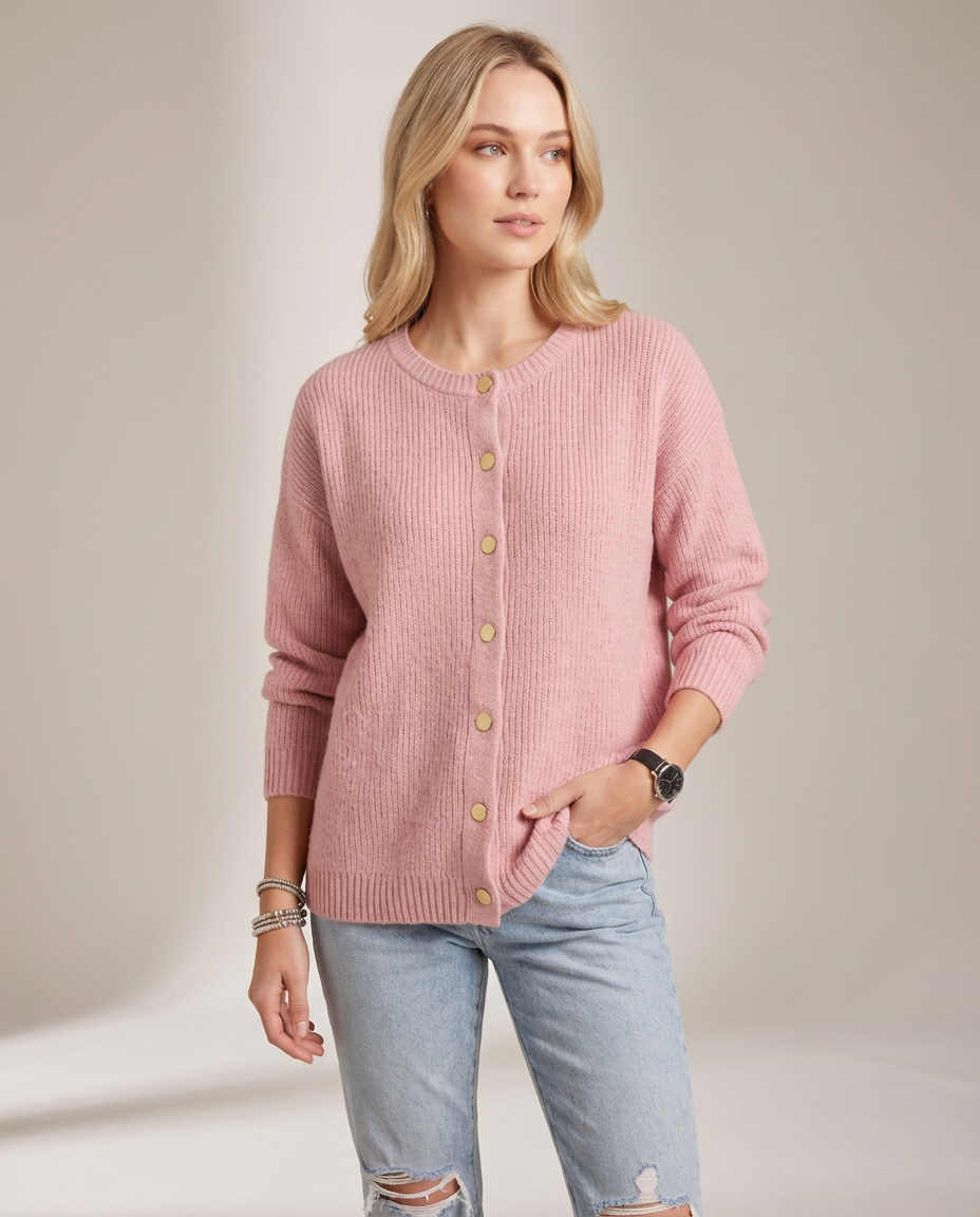 Relaxed Knit Cardigan with Gold Snap Buttons - three-quarter view