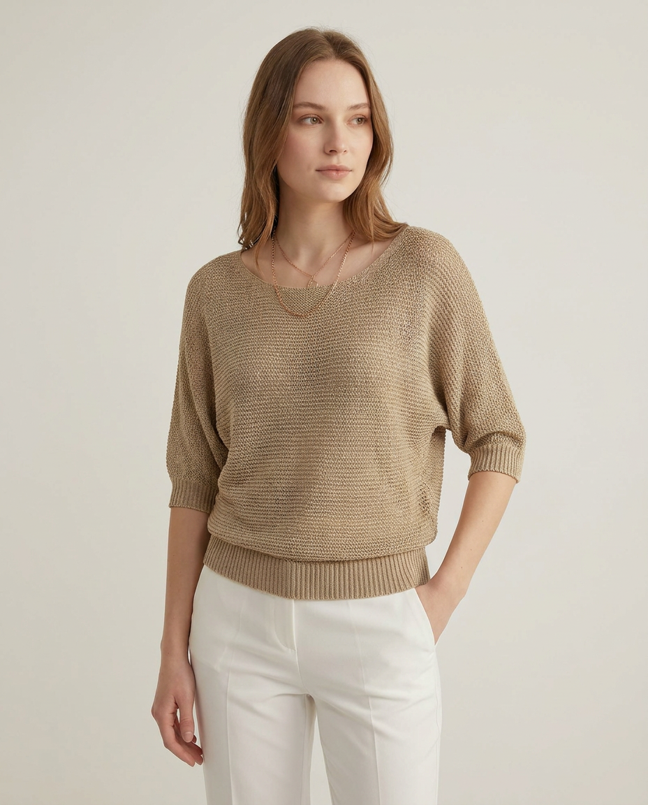 Relaxed Knit Jumper with Wide Sleeves - three-quarter view