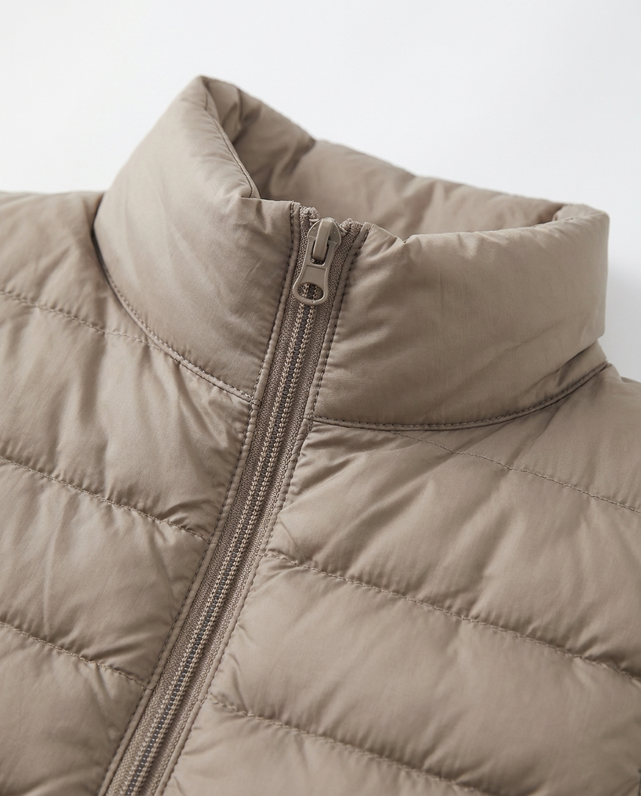 Lightweight Padded Gilet with Stand Collar - close-up of the fabric and detail