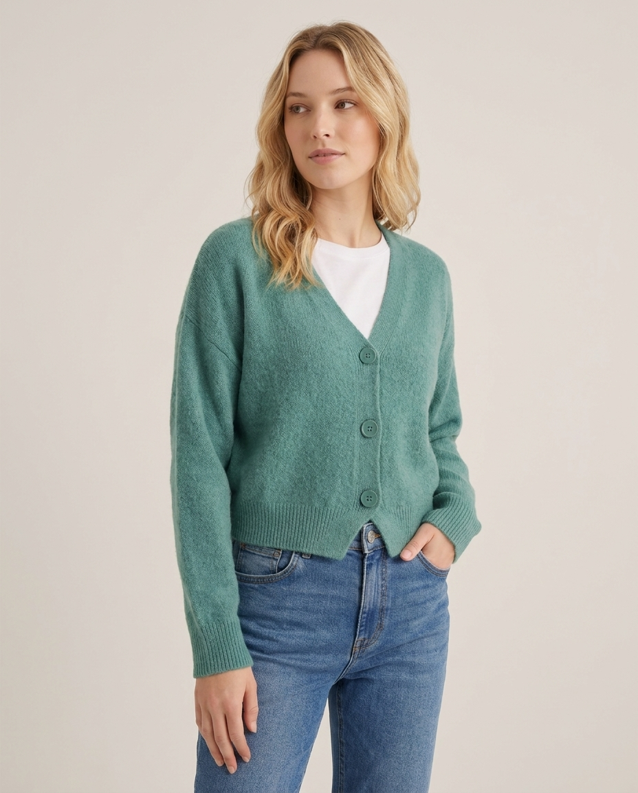 Cropped V-Neck Button Cardigan - three-quarter view