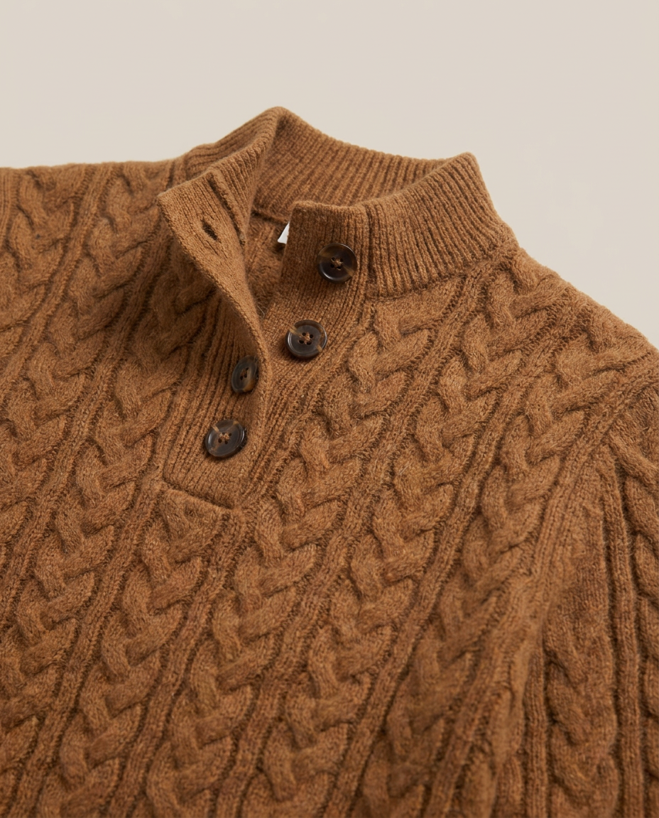 Cable Knit Jumper with Button Neck - close-up of the fabric and detail