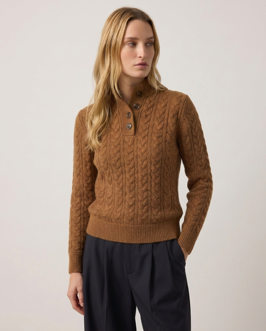 Cable Knit Jumper with Button Neck - three-quarter view