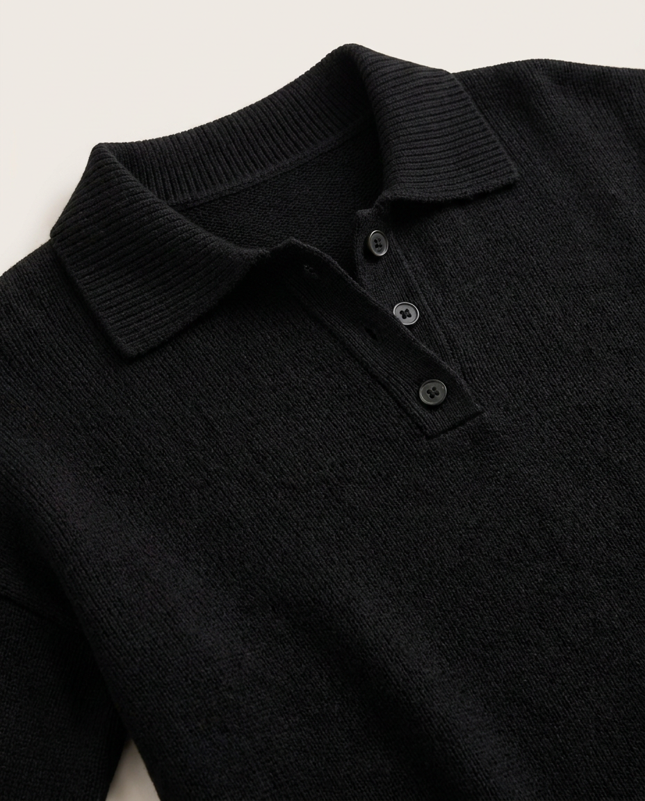 Polo Collar Knit Jumper with Button Placket - close-up of the fabric and detail
