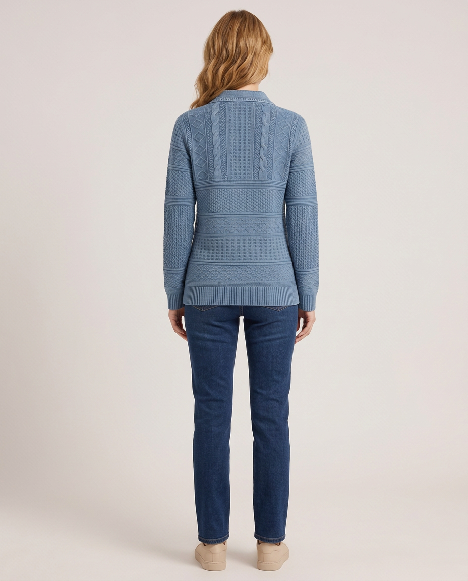 Cable Knit Jumper with Denim-Finish Collar - back view
