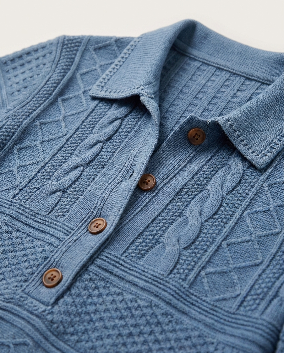 Cable Knit Jumper with Denim-Finish Collar - close-up of the fabric and detail