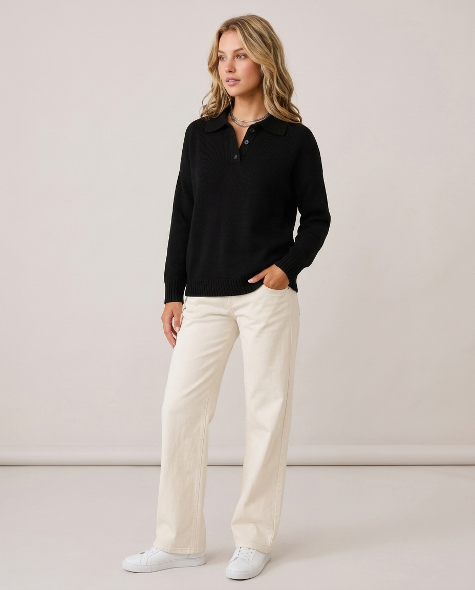 Polo Collar Knit Jumper with Button Placket - three-quarter view