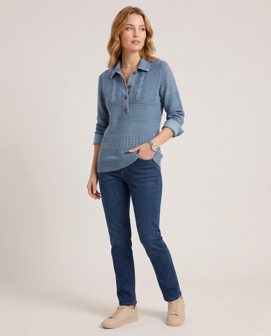 Cable Knit Jumper with Denim-Finish Collar - three-quarter view