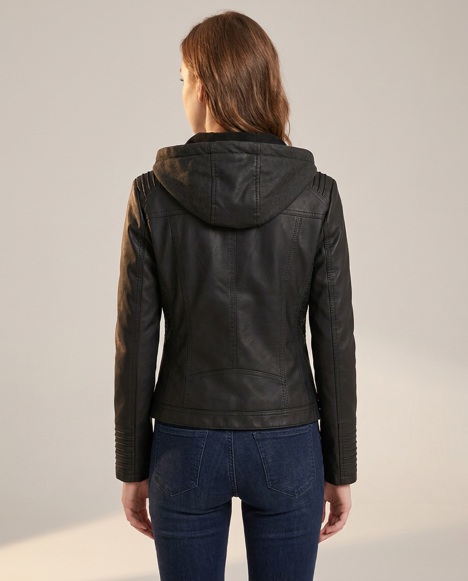 Faux Leather Biker Jacket with Removable Hood - back view