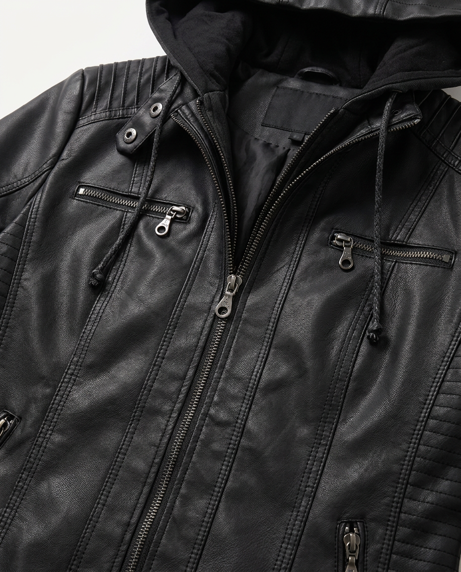 Faux Leather Biker Jacket with Removable Hood - close-up of the fabric and detail