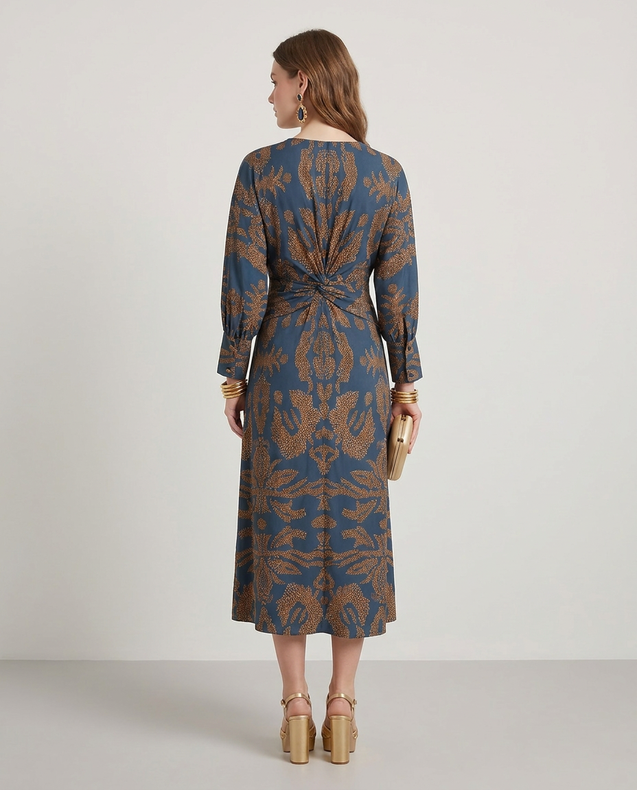 Long Sleeve Floral Midi Dress with Twist Waist - back view