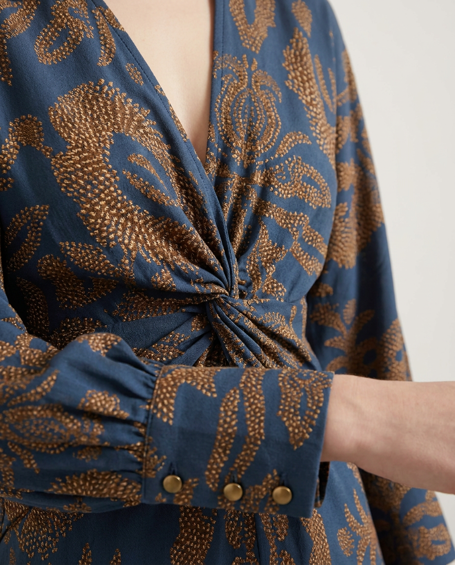 Long Sleeve Floral Midi Dress with Twist Waist - close-up of the fabric and detail