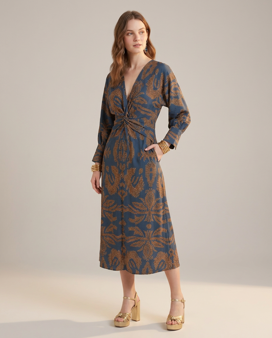 Long Sleeve Floral Midi Dress with Twist Waist - three-quarter view