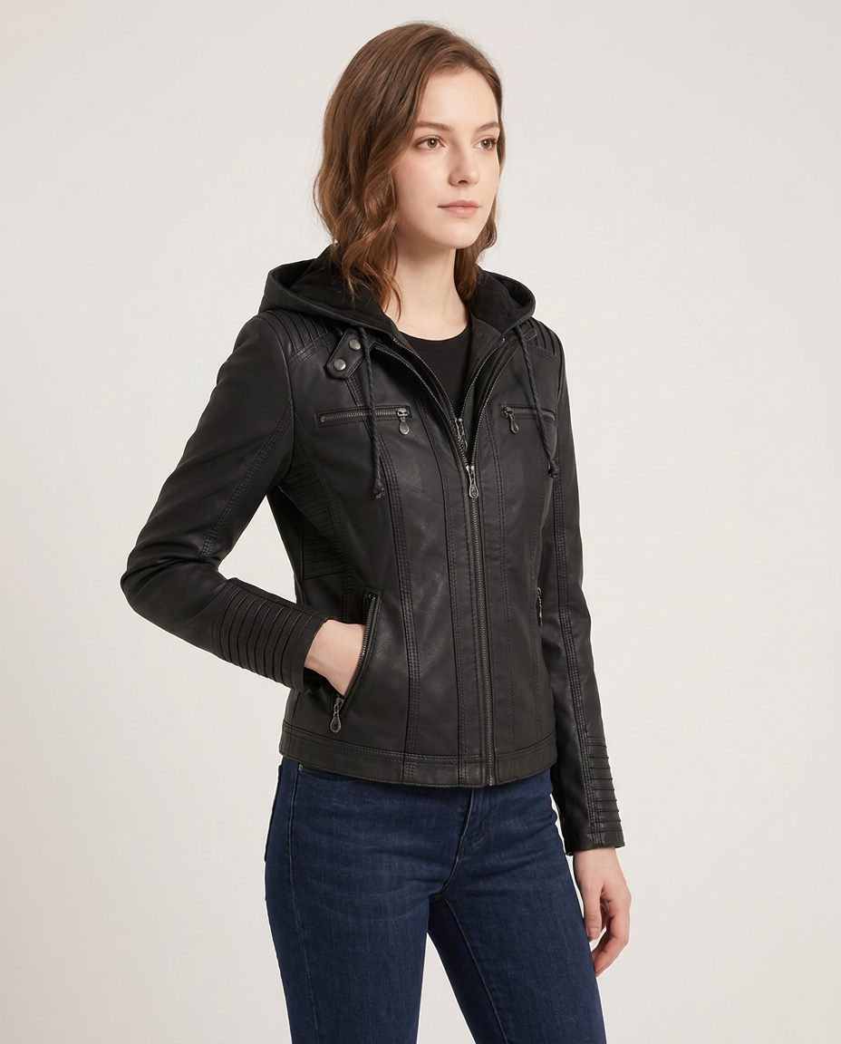Faux Leather Biker Jacket with Removable Hood - three-quarter view
