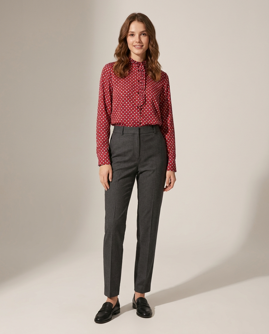 Red geometric print blouse with ruffle collar