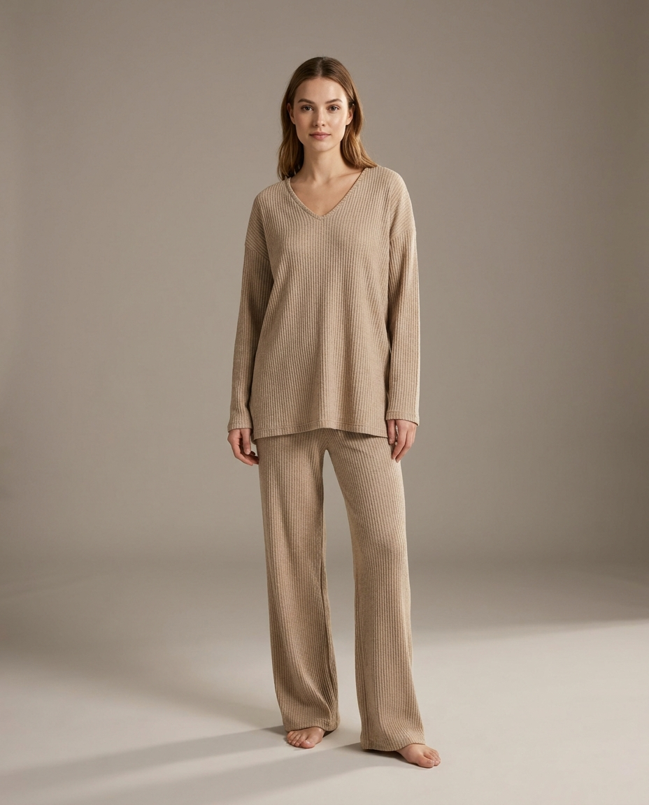 Beige ribbed knit V-neck top and wide-leg trousers set