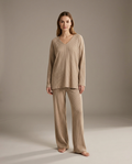 Beige ribbed knit V-neck top and wide-leg trousers set