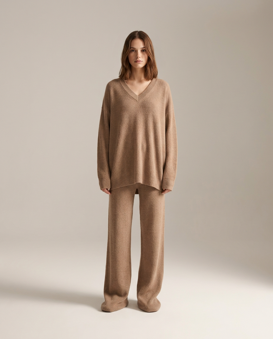Light brown ribbed knit V-neck top and wide-leg trousers set