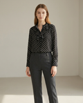 Black geometric print blouse with ruffle collar